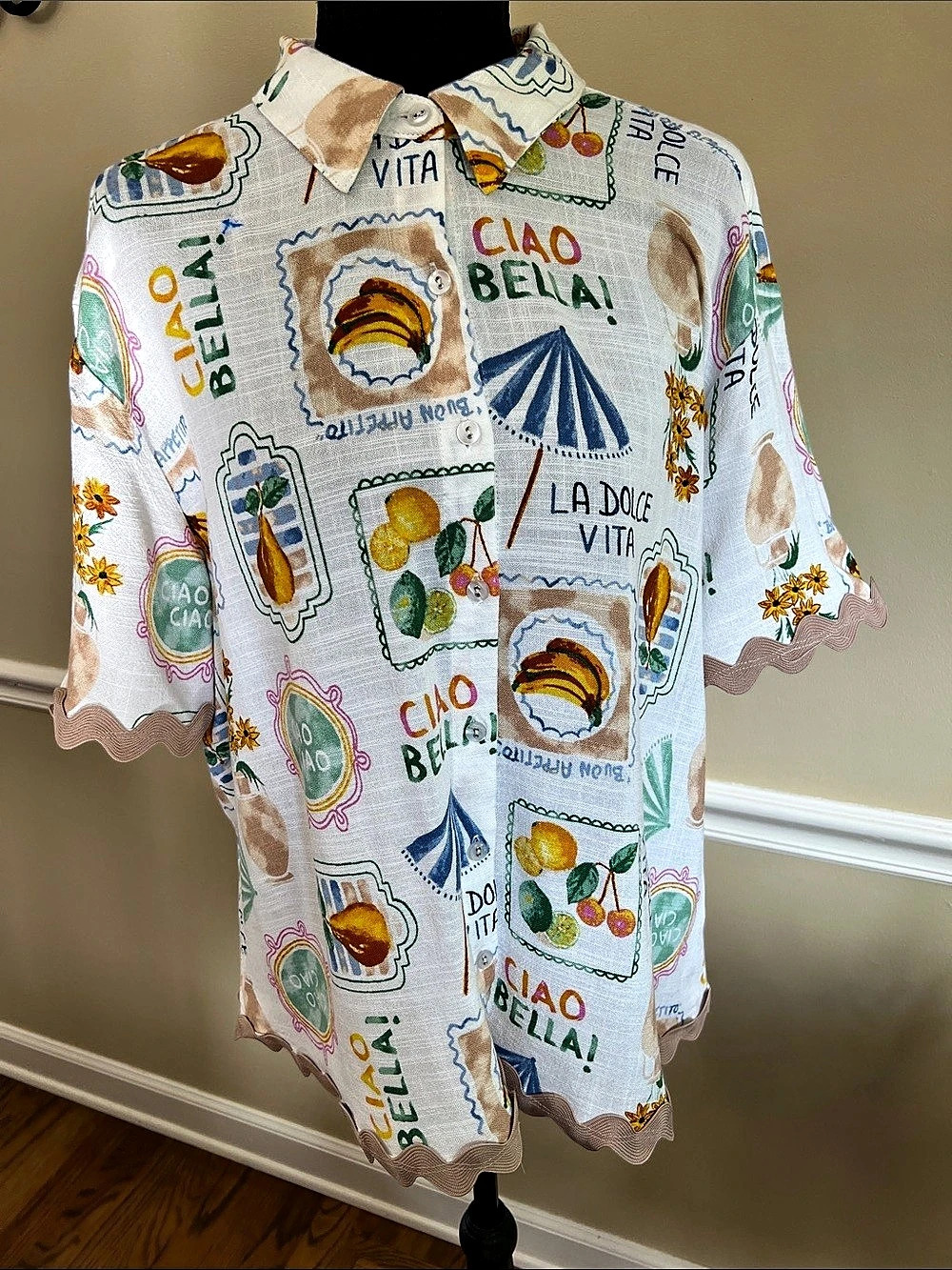 Jane Delancey Printed Button Down Shirt White XL Like New